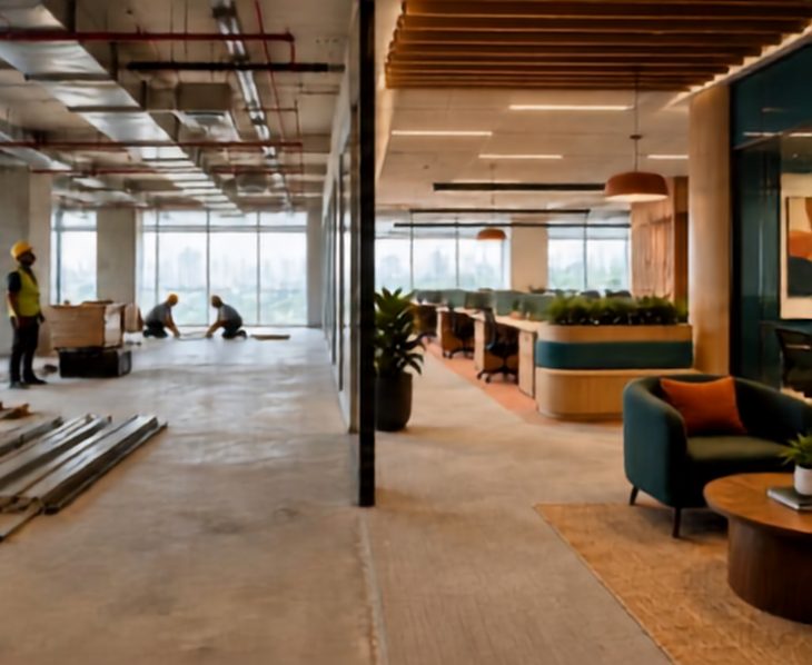 Office interior fit-out in progress with workstations and lounge seating