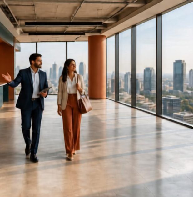 Structures & Co consultant walking a client through a vacant office floor in Pune
