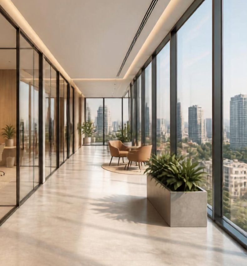 Bright Grade A office corridor with glass cabins available for lease in Pune